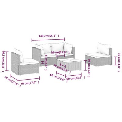 vidaXL Set muebles de jardín 5 piezas y cojines ratán sintético negro