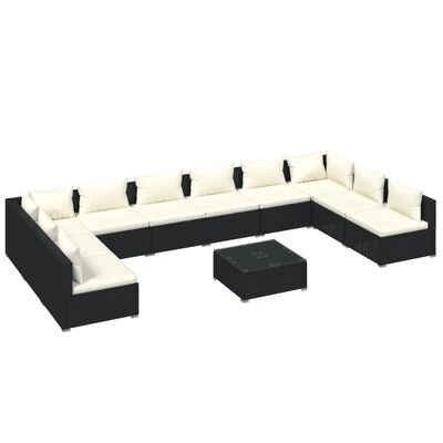 vidaXL Set muebles de jardín 11 pzas y cojines ratán sintético negro