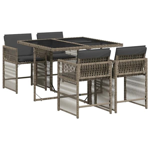 vidaXL Set comedor de jard&iacute;n 5 piezas con cojines rat&aacute;n sint&eacute;tico gris