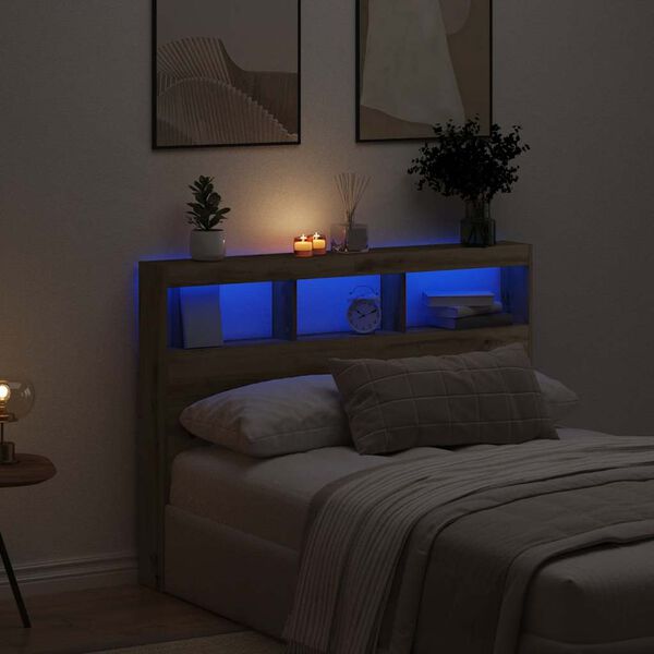vidaXL Cabecero de cama con LED roble artesanal 140x17x102 cm