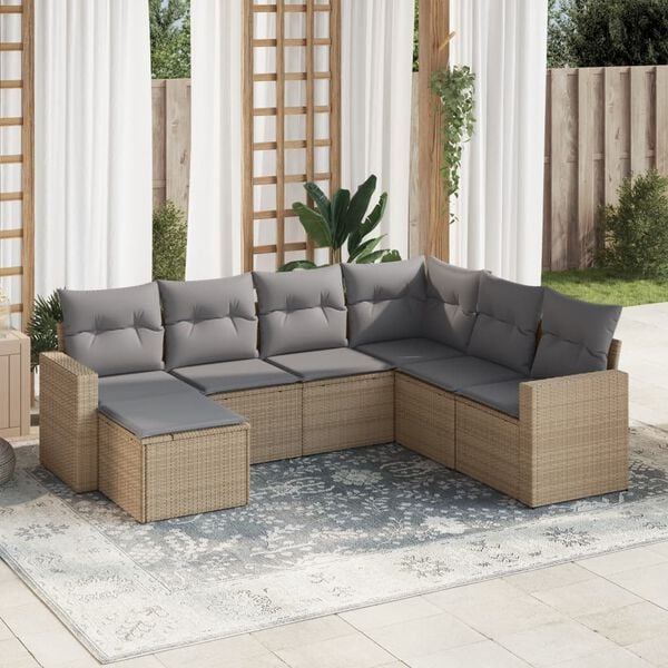 vidaXL Set sof&aacute;s de jard&iacute;n 7 piezas y cojines rat&aacute;n sint&eacute;tico beige
