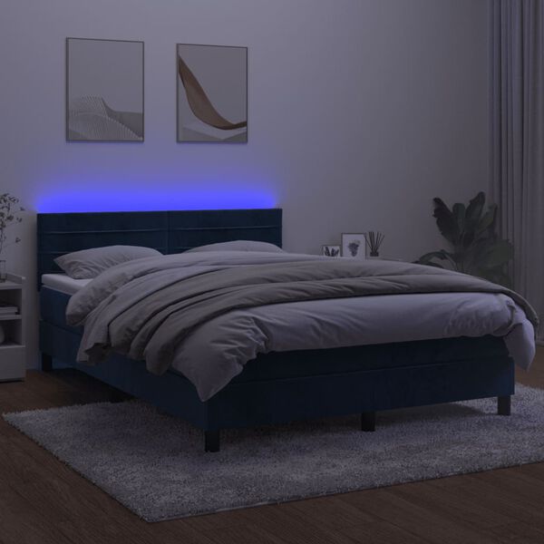 vidaXL Cama box spring colch&oacute;n y LED terciopelo azul oscuro 140x200 cm