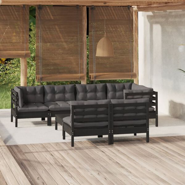 vidaXL Muebles de jard&iacute;n 8 pzas con cojines negro madera maciza pino