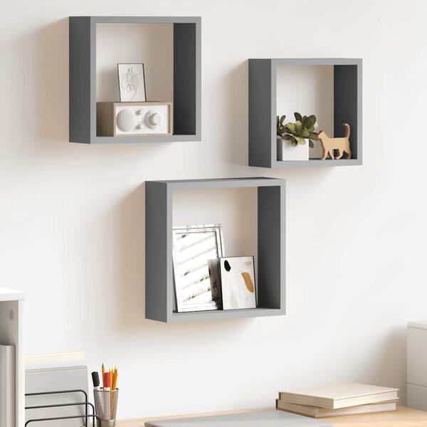 vidaXL Estantes cubo de pared 3 unidades MDF gris