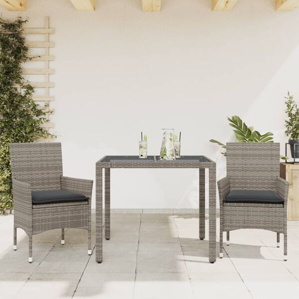 vidaXL Set comedor jard&iacute;n 3 pzas y cojines rat&aacute;n sint&eacute;tico vidrio gris