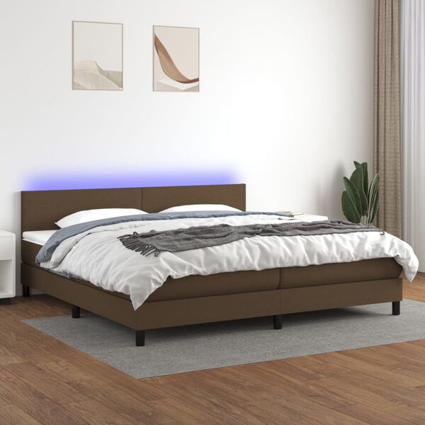 vidaXL Cama box spring con colch&oacute;n LED tela marr&oacute;n oscuro 200x200 cm