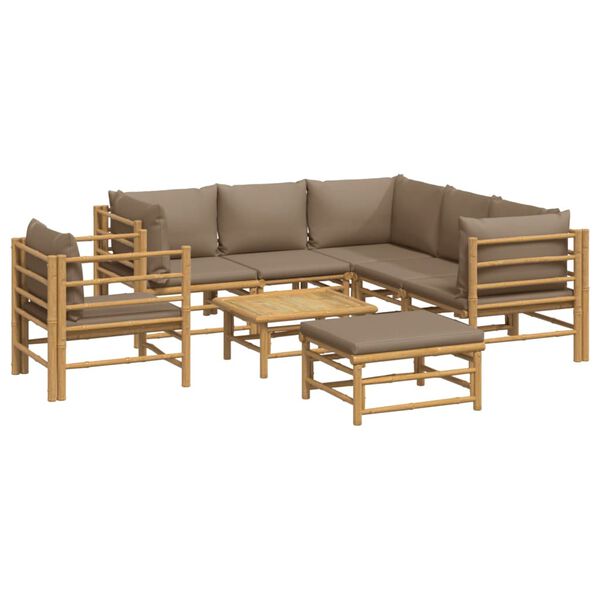 vidaXL Set de muebles de jard&iacute;n 8 piezas bamb&uacute; y cojines gris taup&eacute;