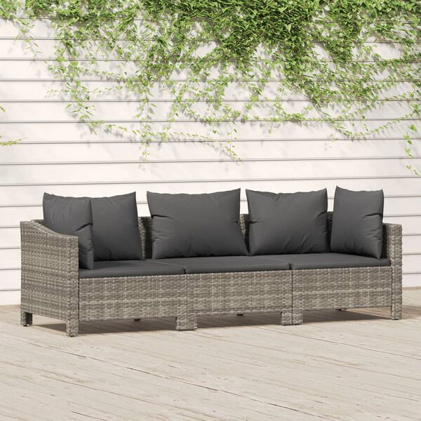 vidaXL Set de muebles de jard&iacute;n 3 pzas y cojines rat&aacute;n sint&eacute;tico gris