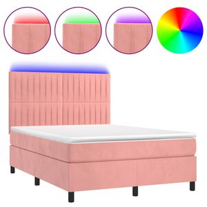 vidaXL Cama box spring colch&oacute;n y LED terciopelo rosa 140x190 cm