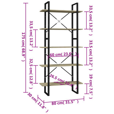 vidaXL Estantería 5 niveles madera ingeniería roble Sonoma 80x30x175cm