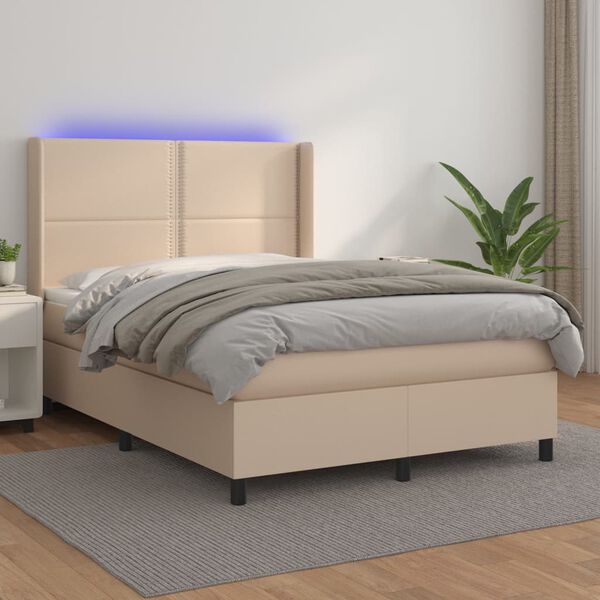 vidaXL Cama box spring colch&oacute;n LED cuero sint&eacute;tico capuchino 140x200cm