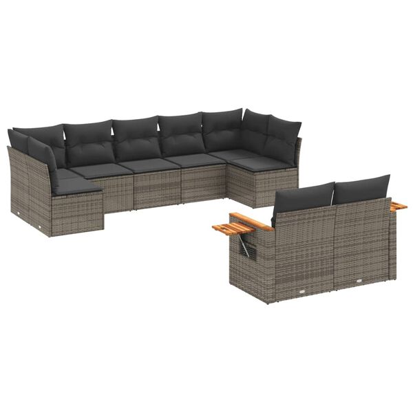 vidaXL Set de muebles de jard&iacute;n 9 pzas y cojines rat&aacute;n sint&eacute;tico gris