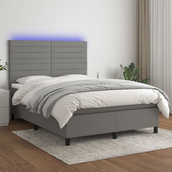 vidaXL Cama box spring colch&oacute;n y luces LED tela gris oscuro 140x190 cm