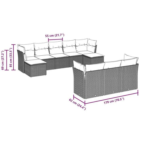 vidaXL Set sof&aacute;s jard&iacute;n 10 pzas con cojines rat&aacute;n sint&eacute;tico gris claro