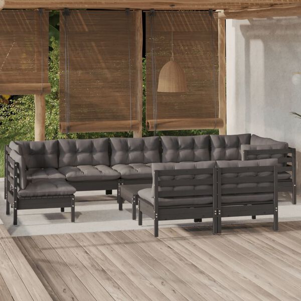 vidaXL Muebles de jard&iacute;n 10 pzas y cojines negro madera maciza de pino