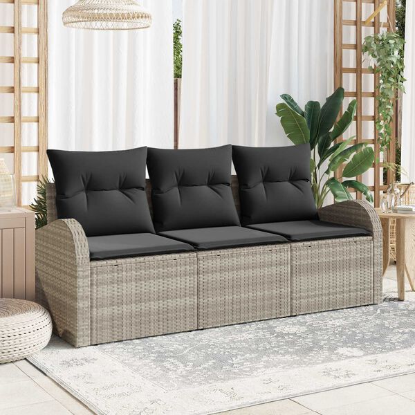 vidaXL Conjunto de sof&aacute; de jard&iacute;n con coj&iacute;n 3 pcs Gris claro Polirat&aacute;n
