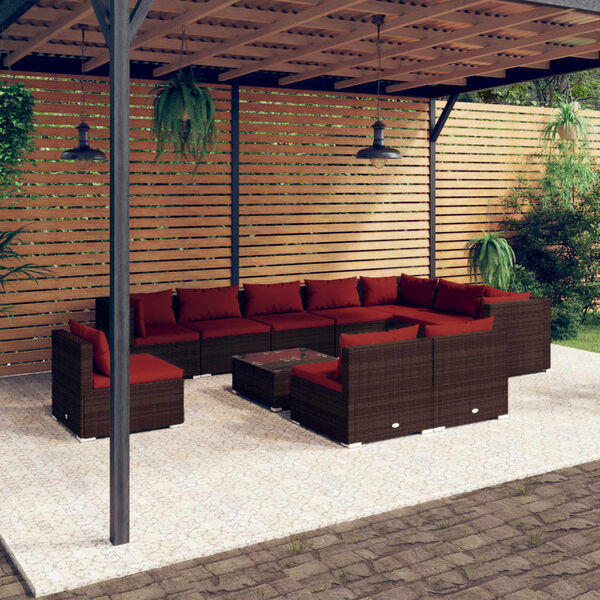 vidaXL Set muebles de jard&iacute;n 11 pzas y cojines rat&aacute;n sint&eacute;tico marr&oacute;n