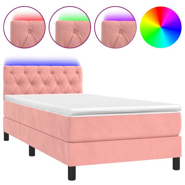 vidaXL Cama box spring colch&oacute;n y LED terciopelo rosa 80x200 cm