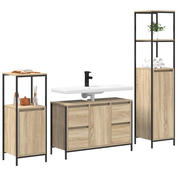 vidaXL Juego de muebles de ba&ntilde;o con caj&oacute;n 3 pcs Roble Sonoma y Negro