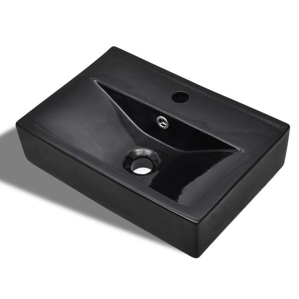 vidaXL Lavabo rectangular de cer&aacute;mica hueco de grifo/desag&uuml;e negro