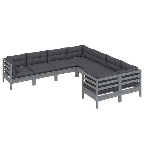 vidaXL Muebles de jard&iacute;n 8 pzas y cojines gris madera maciza de pino
