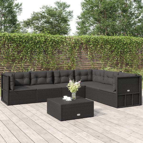 vidaXL Set muebles de jard&iacute;n 6 piezas y cojines rat&aacute;n sint&eacute;tico negro