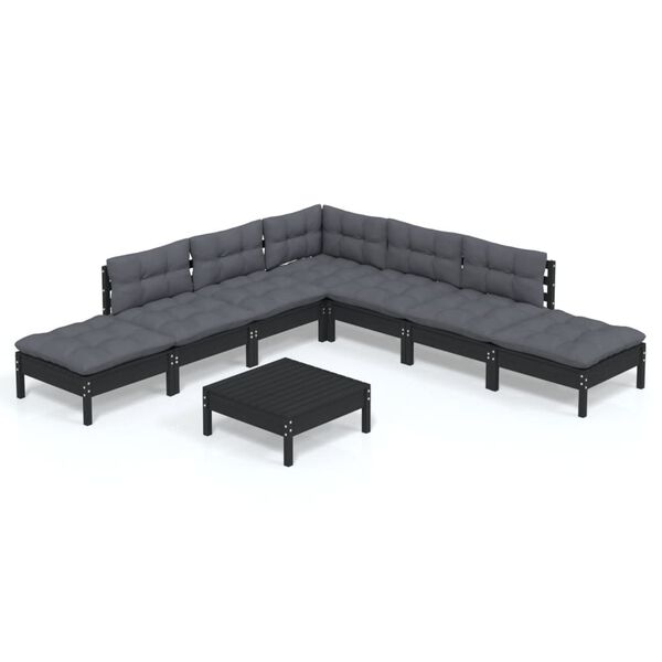 vidaXL Muebles de jard&iacute;n 8 pzas con cojines negro madera de pino
