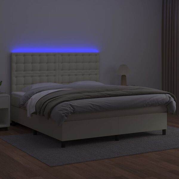 vidaXL Cama box spring colch&oacute;n y LED cuero sint&eacute;tico crema 180x200 cm