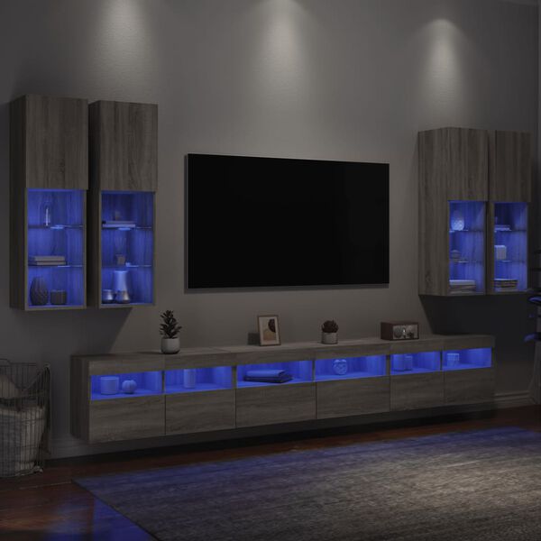 vidaXL Muebles de TV de pared con luces LED 7 piezas gris sonoma