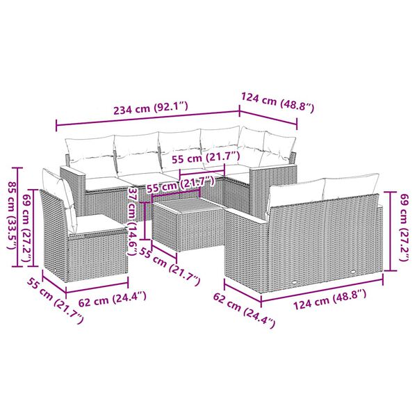 vidaXL Set de sof&aacute;s de jard&iacute;n 8 piezas y cojines rat&aacute;n sint&eacute;tico negro