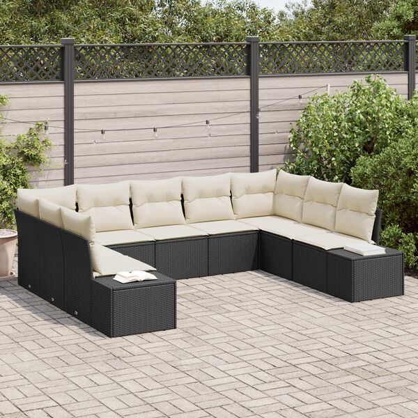 vidaXL Conjunto de sofás de jardín 9 pcs Negro y crema Ratán sintético