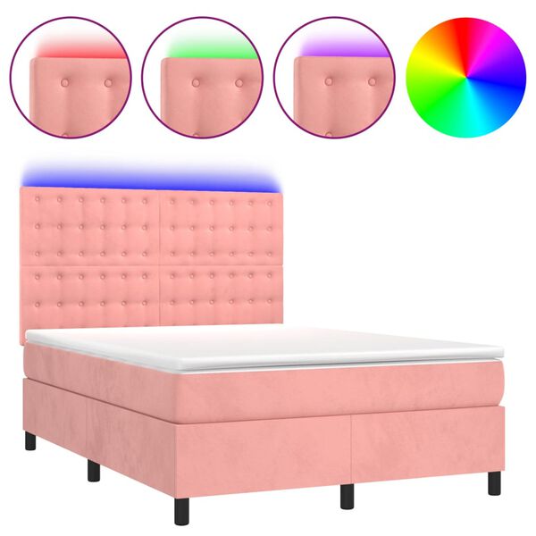 vidaXL Cama box spring colch&oacute;n y LED terciopelo rosa 140x200 cm