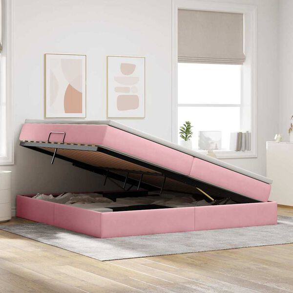 vidaXL Cama con almacenamiento y colch&oacute;n Rosa 200 x 200 cm Terciopelo