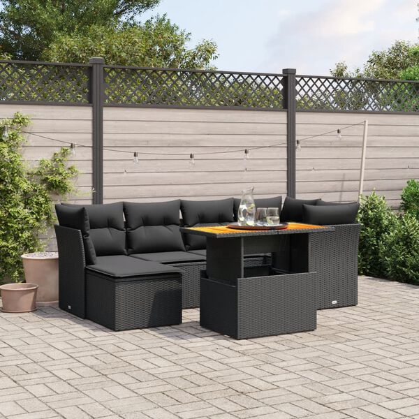 vidaXL Set de comedor de jard&iacute;n 7 pzas y cojines rat&aacute;n sint&eacute;tico negro