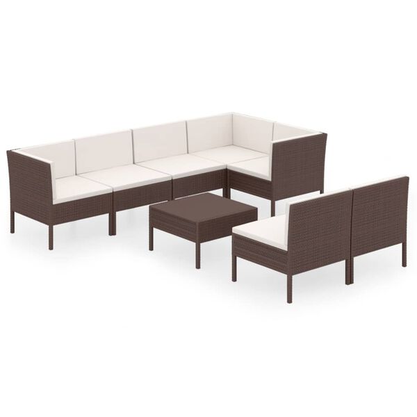 vidaXL Set muebles de jard&iacute;n 8 pzas y cojines rat&aacute;n sint&eacute;tico marr&oacute;n