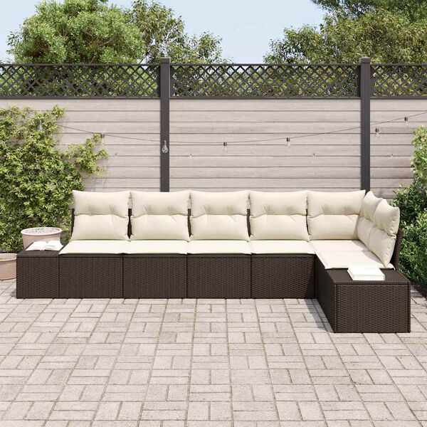 vidaXL Conjunto de sof&aacute; de jard&iacute;n 6 pcs Marr&oacute;n y crema rat&aacute;n sint&eacute;tico
