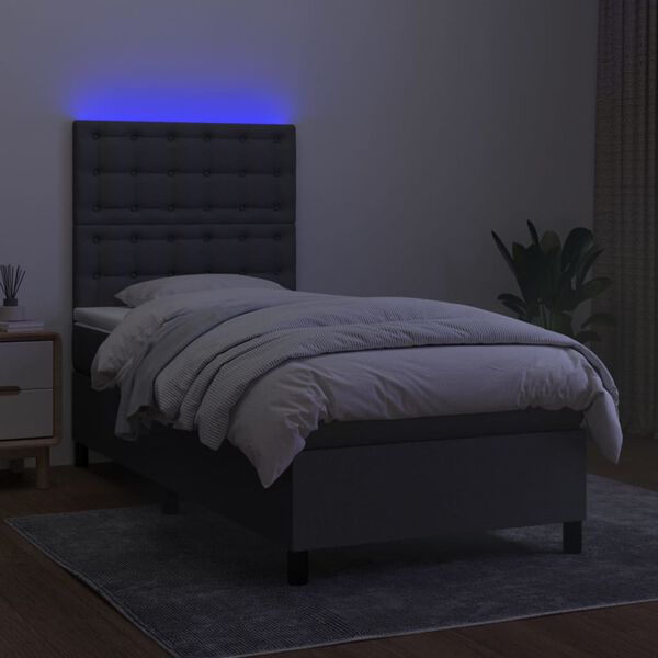 vidaXL Cama box spring colch&oacute;n y luces LED tela gris oscuro 90x200 cm