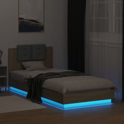 vidaXL Estructura de cama cabecero luces LED roble Sonoma 90x200 cm