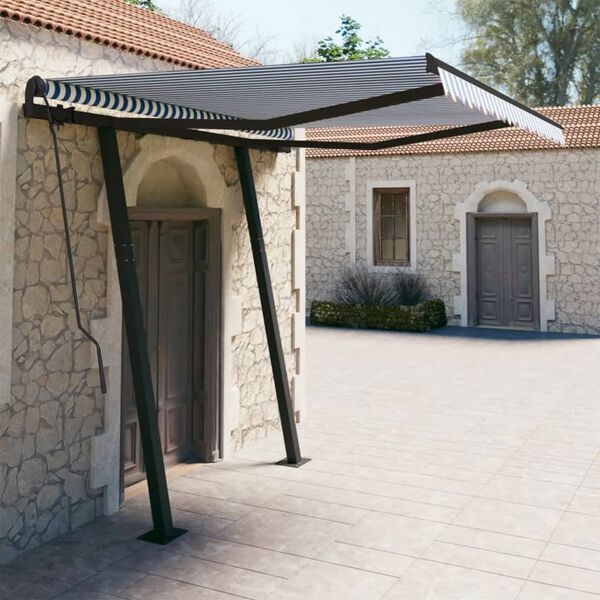 vidaXL Toldo manual retr&aacute;ctil con postes azul y blanco 3x2,5 m