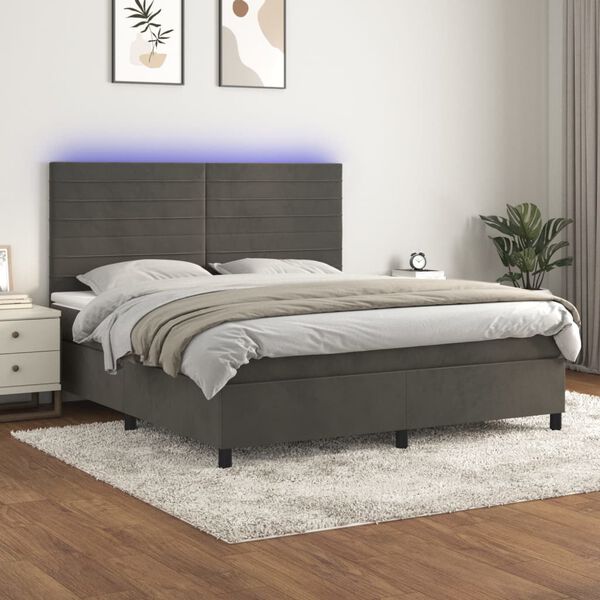 vidaXL Cama box spring colch&oacute;n y LED terciopelo gris oscuro 180x200 cm
