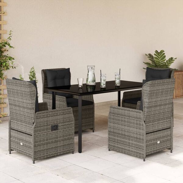 vidaXL Set comedor de jard&iacute;n 5 piezas con cojines rat&aacute;n sint&eacute;tico gris
