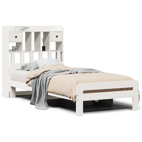 vidaXL Cama con estanter&iacute;a sin colch&oacute;n madera maciza blanca 75x190 cm