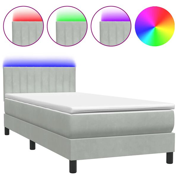 vidaXL Cama box spring con colch&oacute;n y LED terciopelo gris claro 100x210 cm