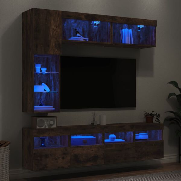 vidaXL Muebles de TV de pared con luces LED 7 piezas roble ahumado