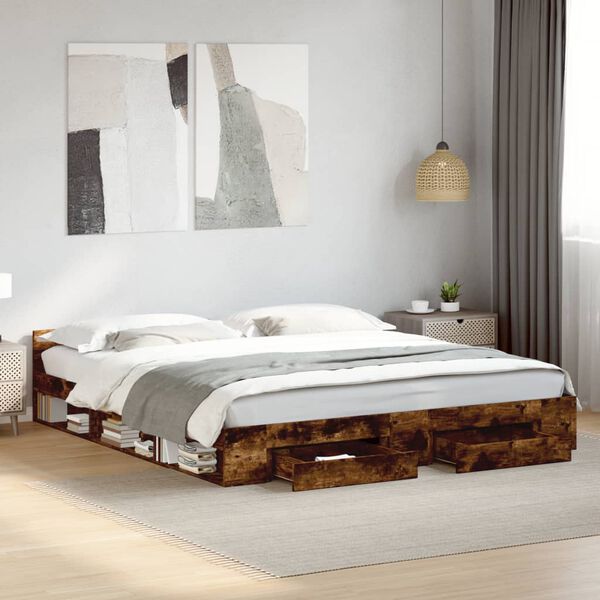 vidaXL Cama con cajones madera de ingenier&iacute;a roble ahumado 200x200 cm