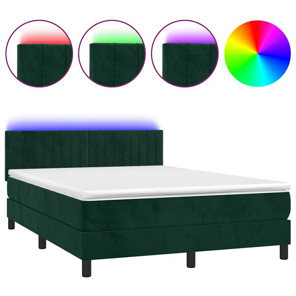 vidaXL Cama box spring colch&oacute;n y LED terciopelo verde oscuro 140x200cm