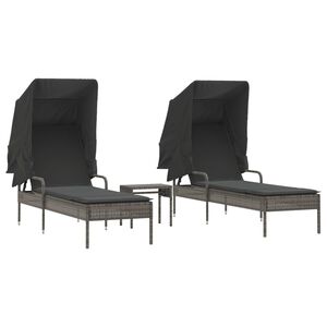 vidaXL Tumbonas con capota y mesa 2 uds rat&aacute;n sint&eacute;tico gris