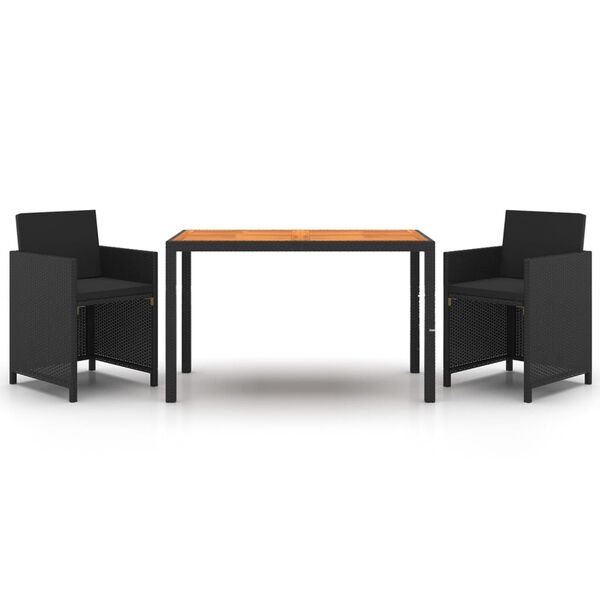 vidaXL Set comedor de jard&iacute;n 3 pzas con cojines rat&aacute;n sint&eacute;tico negro