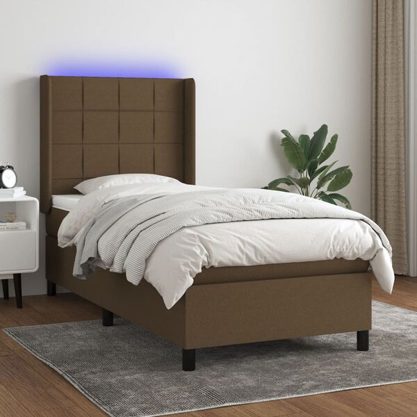 vidaXL Cama box spring colch&oacute;n y luces LED tela marr&oacute;n oscuro 80x200cm