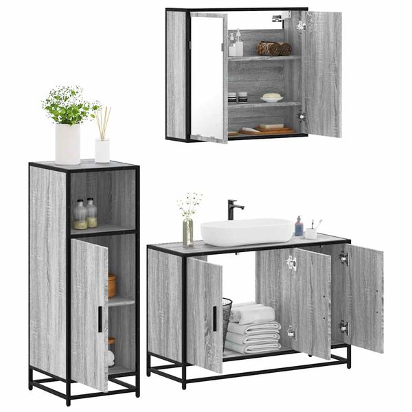 vidaXL Set de muebles de ba&ntilde;o 3 pzas madera contrachapada gris sonoma